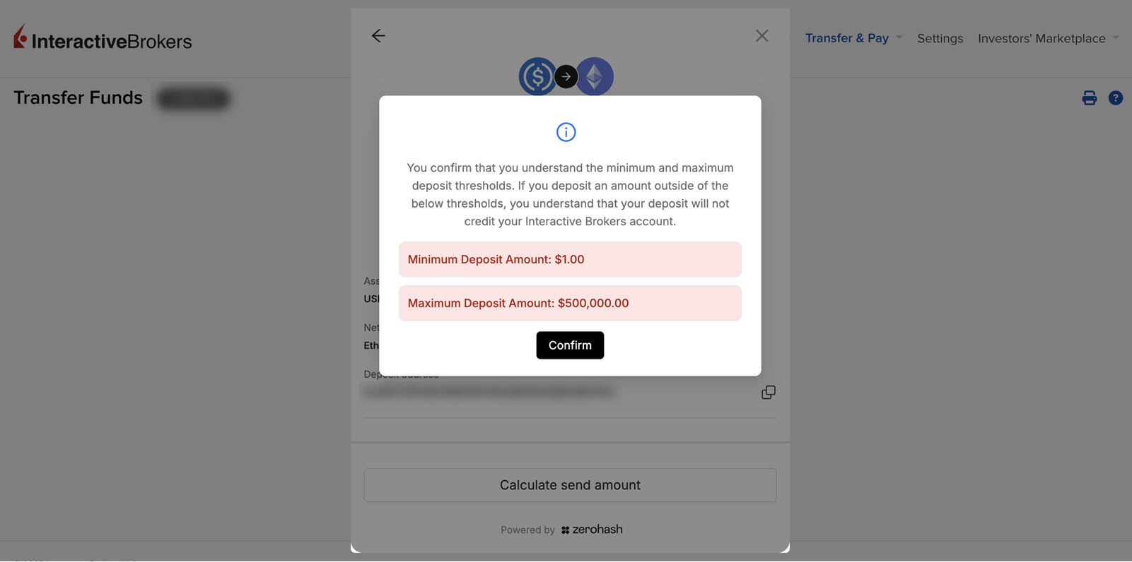 The stablecoin review transaction limits page in portal. 